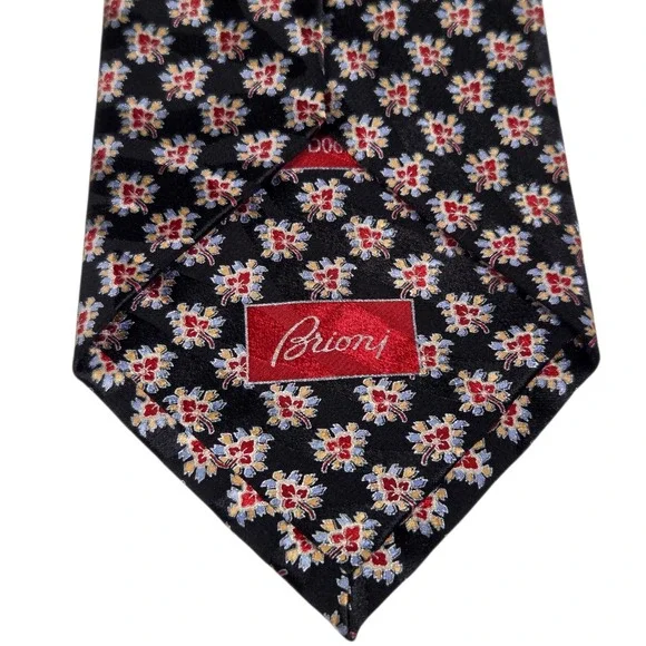 Brioni Silk Necktie Mens Black Floral Geometric Hand Made Italy D060404 Long